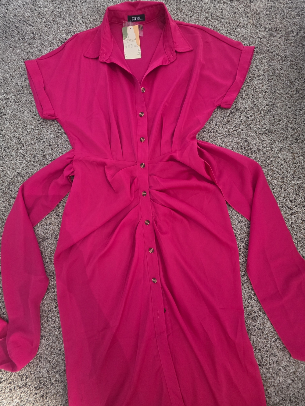 Button-Front Hot Pink/ Fuchsia Shirt Dress with Waist Tie - Picture 7 of 9